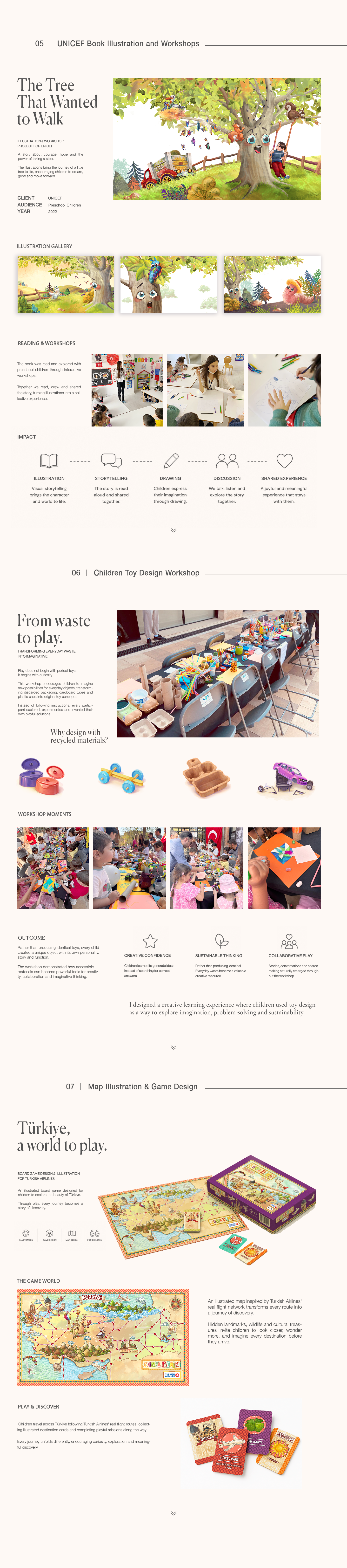 UNICEF book illustration and workshops, recycled toy design workshop, and Türkiye board game design.