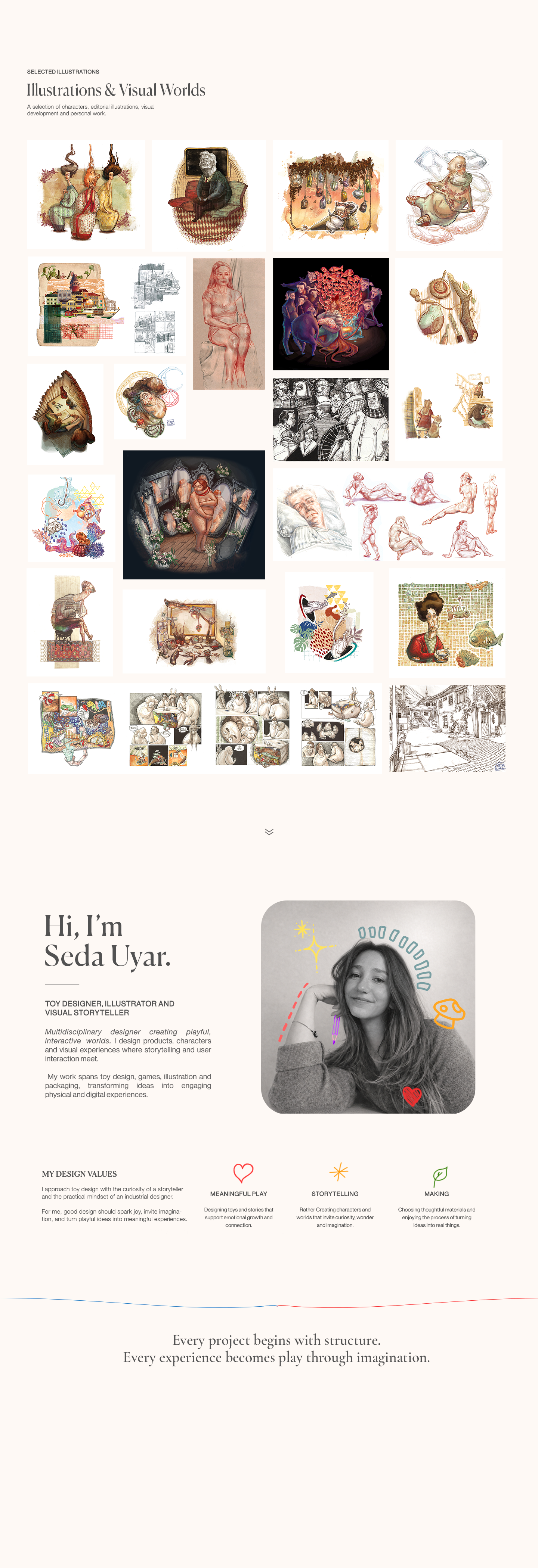 Selected illustrations and visual worlds, followed by an introduction to Seda Uyar and her design values.
